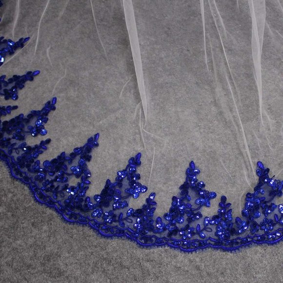 Two Tier Chapel White Wedding Veil With Royal Blue Sequined Lace Trim NWT main image 4